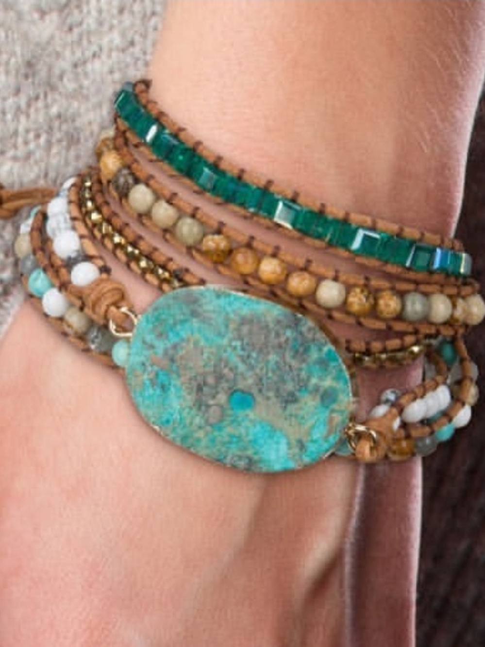Turquoise Stone Multi-Strand Leather Wrap Bracelet - Jasper & Crystal Jewelry